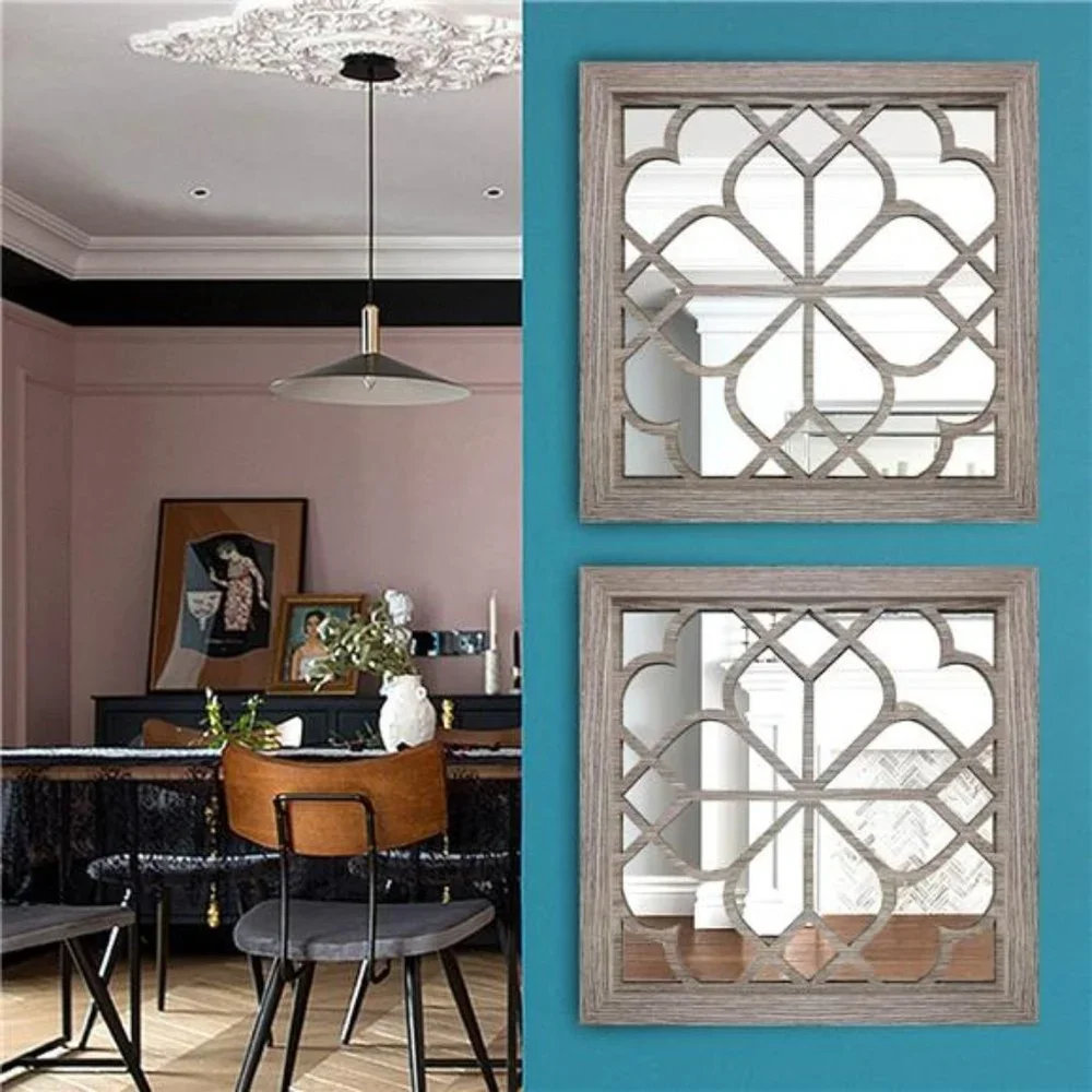 2 PCS Square Wall Mirror Gorgeous Rustic Farmhouse Accent Mirror Barn Wood